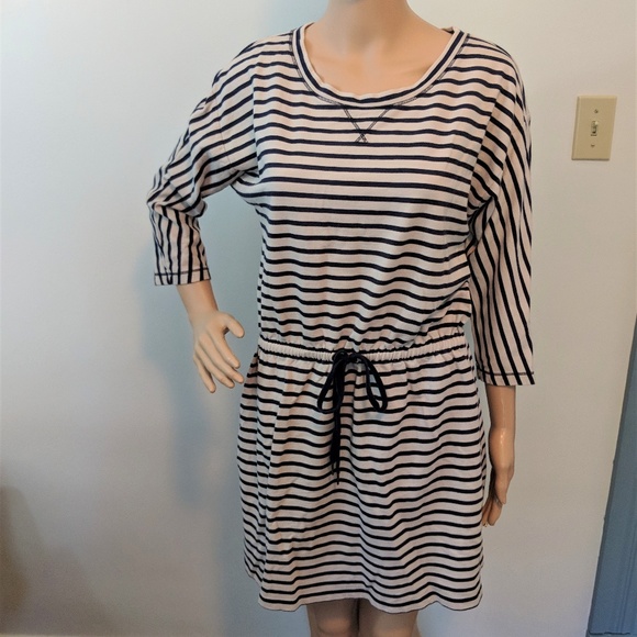 LOFT Dresses & Skirts - LOFT Tan and Navy Stripe Casual Dress Drawstring